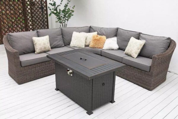 Rattan Corner Sofa Set with Firepit Table - 5 Seater - Grey