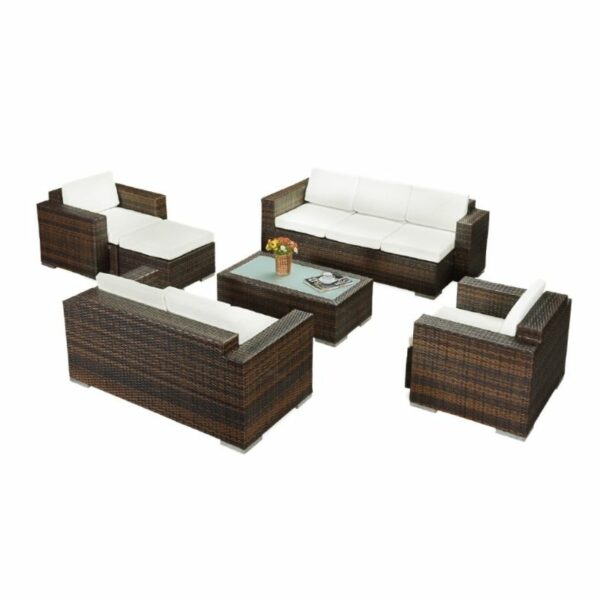 Rattan Sofa Set with Footrest and Table - 7 Seating - White