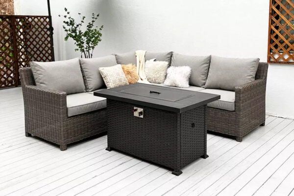 Rattan Corner Sofa Set with Firepit Table - 5 Seating - Grey