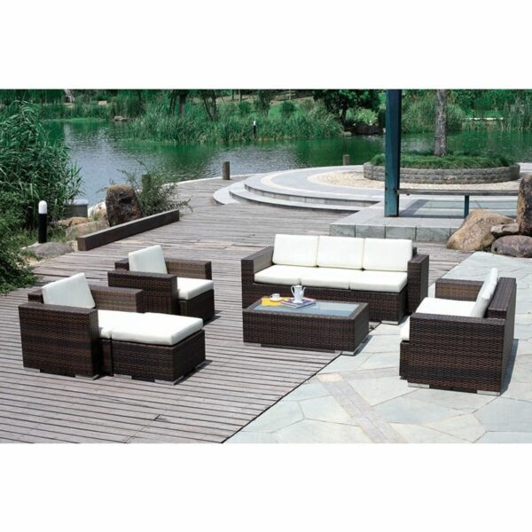 Rattan Sofa Set with Footrest and Table - 7 Seating - White - Image 7