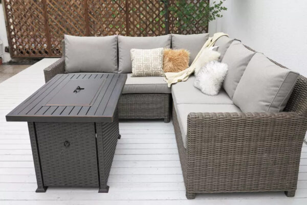 Rattan Corner Sofa Set with Firepit Table - 5 Seating - Grey - Image 5