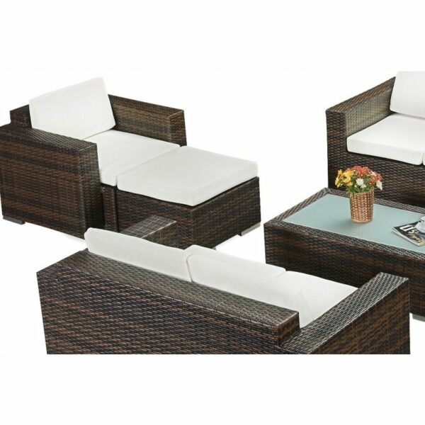 Rattan Sofa Set with Footrest and Table - 7 Seating - White - Image 2